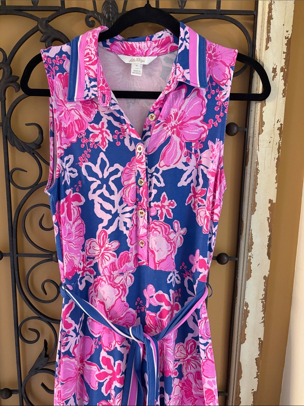 Lilly Pulitzer Pink Floral Sleeveless Polo Dress on Navy
